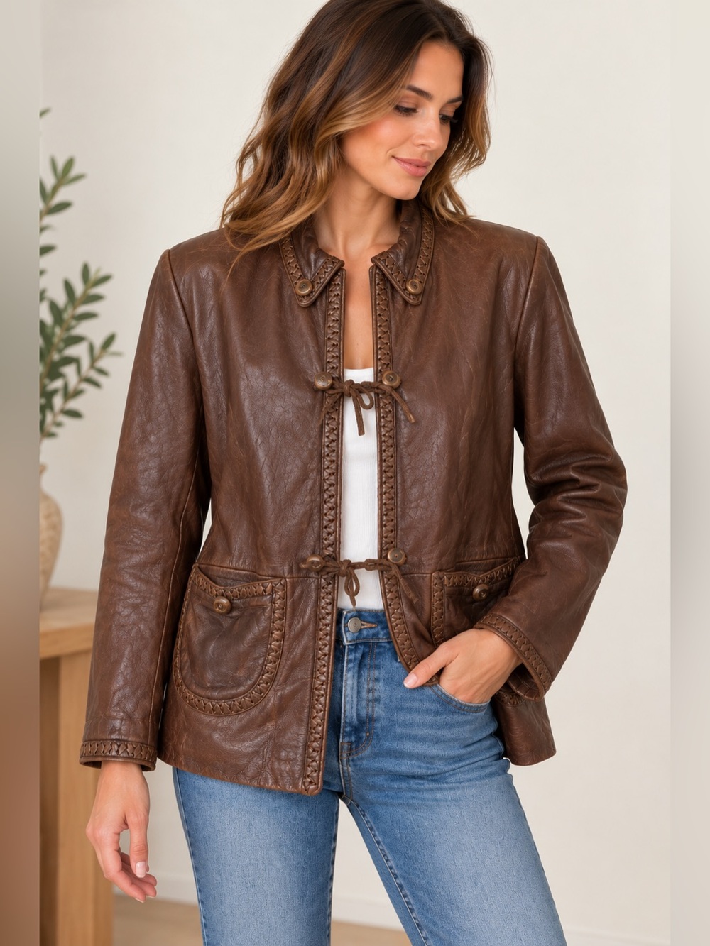 Vintage Alan Michael USA Brown Leather Jacket Whipstitch Tie Front Size M